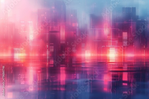 Wallpaper Mural A digital art representation of a futuristic cityscape reflected in water, glowing with neon pinks and blues for a cyberpunk aesthetic Torontodigital.ca