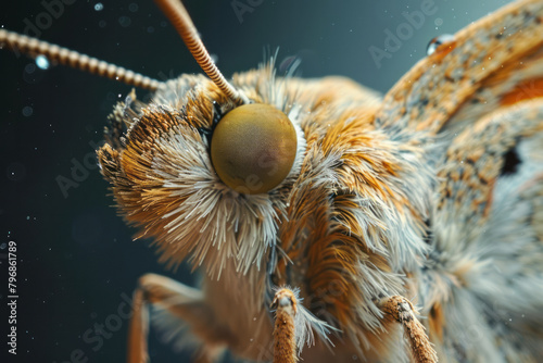 A close-up of a moth's furry body, the fine hairs catching the light.