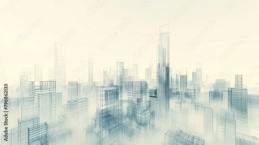 Grid Structure: A 3D vector illustration of an abstract urban landscape with intersecting grid structure