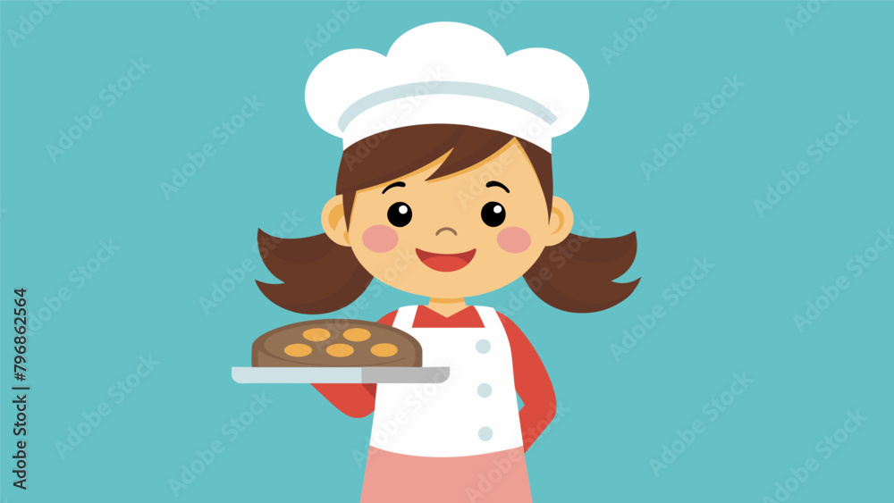 A little girl wearing a flourcovered apron and chefs hat grins with delight as she proudly carries a tray of freshly baked cookies to share on A little girl wearing a flourcovered apron and chefs hat grins with delight as she proudly carries a tray of freshly baked cookies to share on