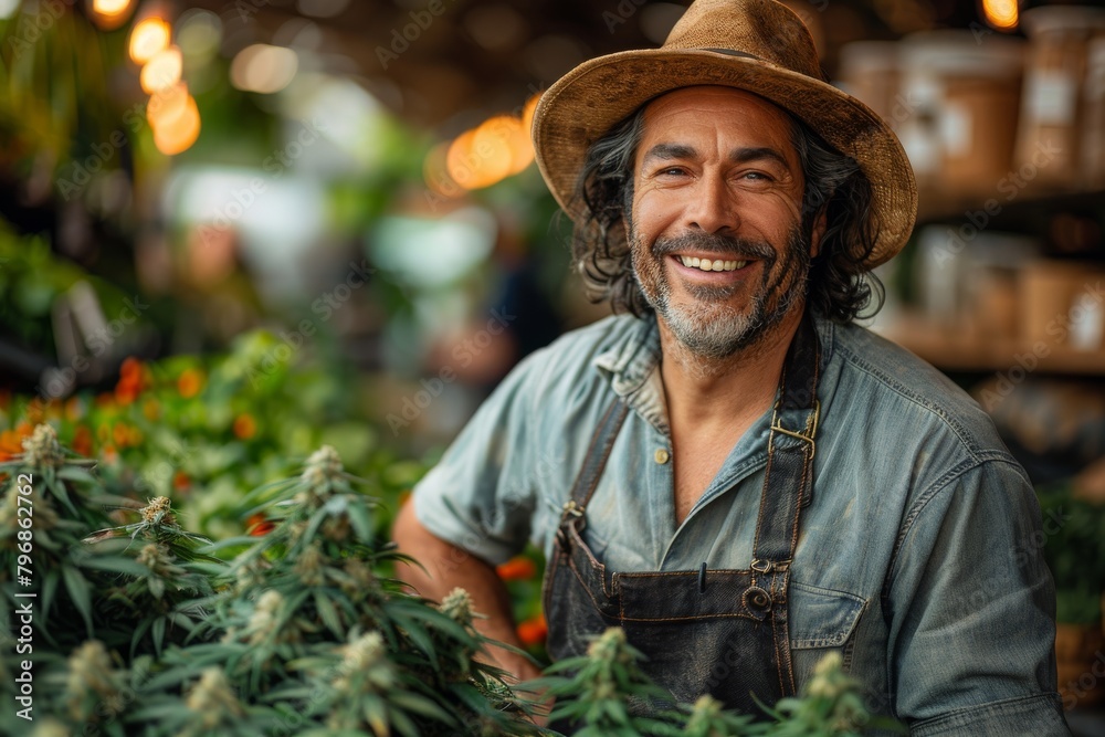 A joyful man wearing a cowboy hat, surrounded by lush cannabis plants in an indoor setting