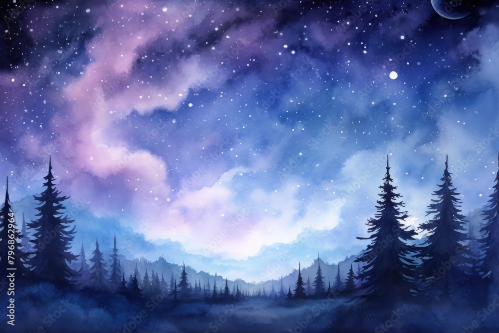 Night sky landscape outdoors watercolor