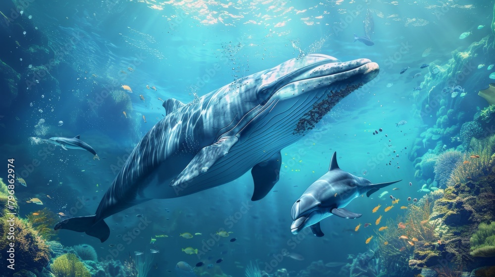 Fototapeta premium A serene underwater scene with a pod of dolphins playfully swimming alongside a majestic blue whale, illustrating marine life diversity.