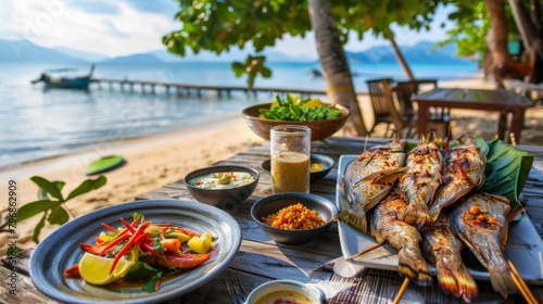 A serene Thai beach scene with a table set for a seafood feast, featuring grilled fish and spicy dipping sauces
