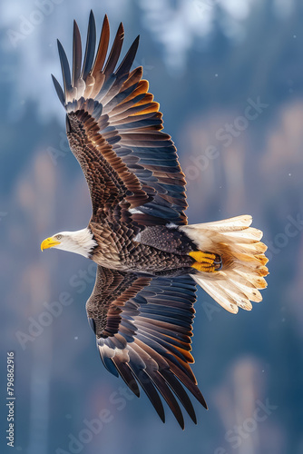 A bald eagle soaring above the treetops, scanning the ground below for its next meal, photo