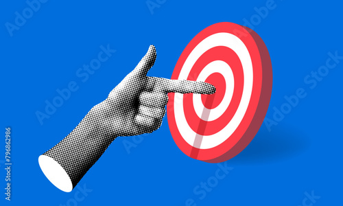 Halftone hand points to the center of target. Index finger pointing at darts. Modern collage. Successful business idea concept. Hitting the target. Achieving the goal. Work problem resolution 