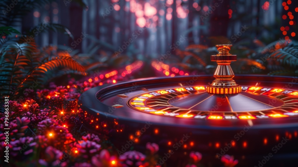 Magical casino roulette wheel in enchanted forest setting