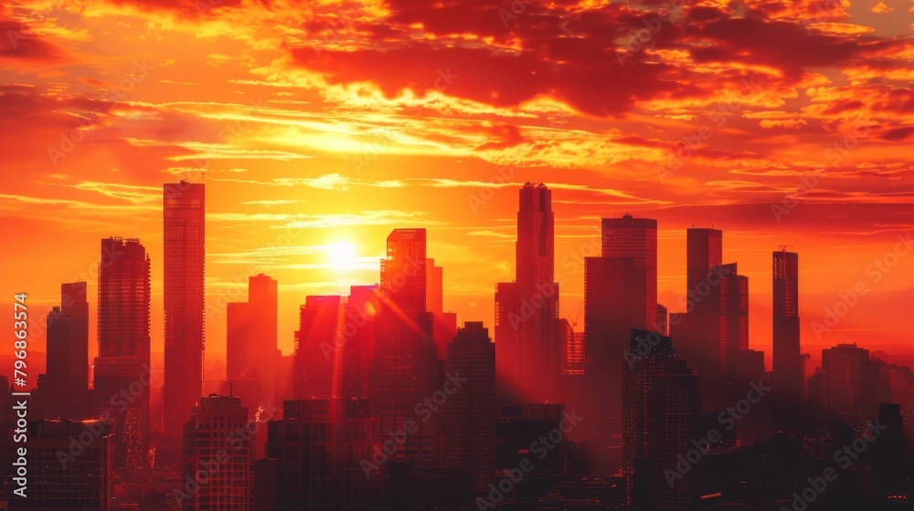 A skyline silhouette of towering skyscrapers against a fiery sunset, evoking a sense of awe and wonder at the marvels of urban architecture.