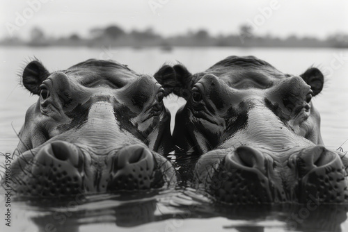 A pair of hippos submerged in a river, their eyes and nostrils just above the water surface,