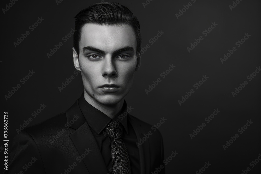 Black and white portrait of young man in suit. Black and white portrait of young man in suit.