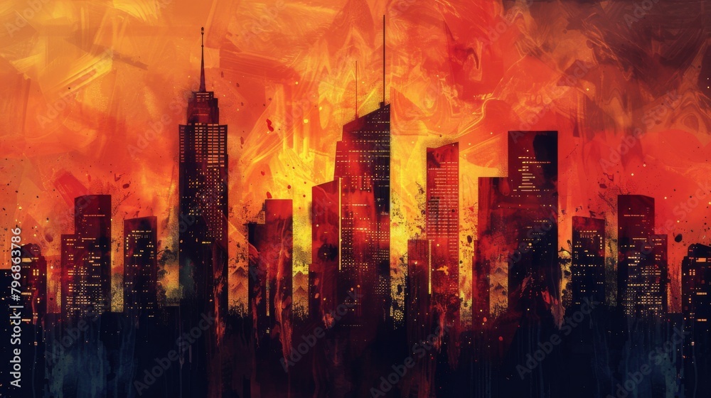 A skyline silhouette of towering skyscrapers against a fiery sunset, evoking a sense of awe and wonder at the marvels of urban architecture.