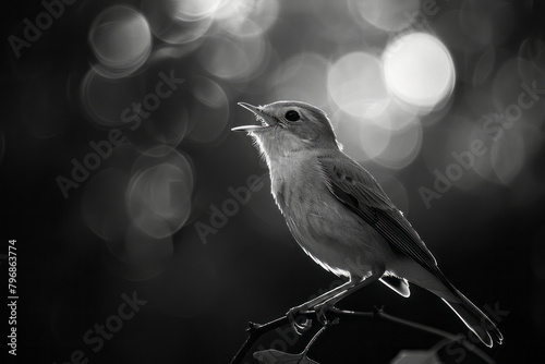 A nightingale singing under the moonlight, its melody sweet and clear, photo