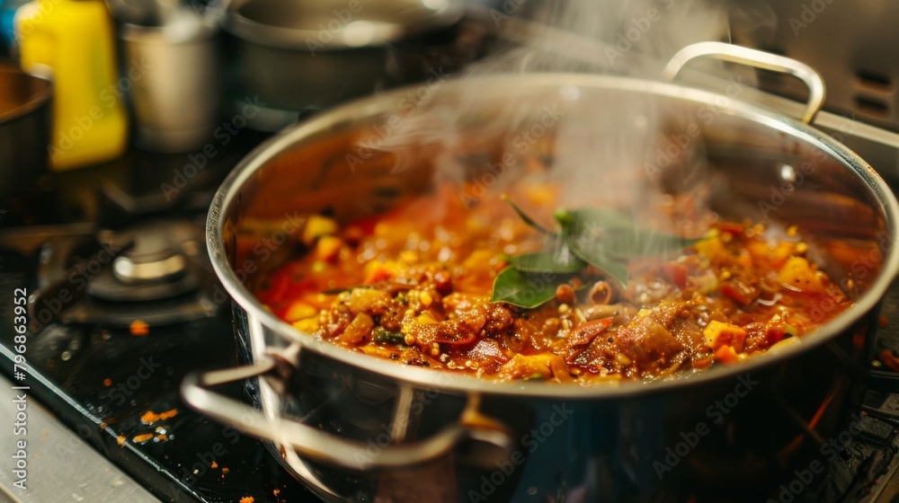 A spicy curry simmering in a pot, with fragrant spices wafting through the kitchen A spicy curry simmering in a pot, with fragrant spices wafting through the kitchen