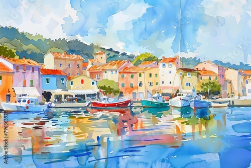 idyllic coastal haven vibrant watercolor painting of charming seaside village colorful houses fishing boats tranquil harbor impressionistic style
