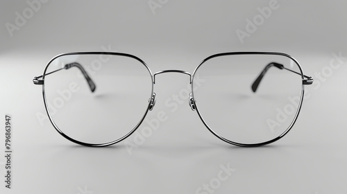 A pair of black metal glasses with a round frame. The glasses are sitting on a solid gray background.