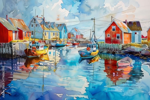 idyllic coastal haven vibrant watercolor painting of charming seaside village colorful houses fishing boats tranquil harbor impressionistic style photo