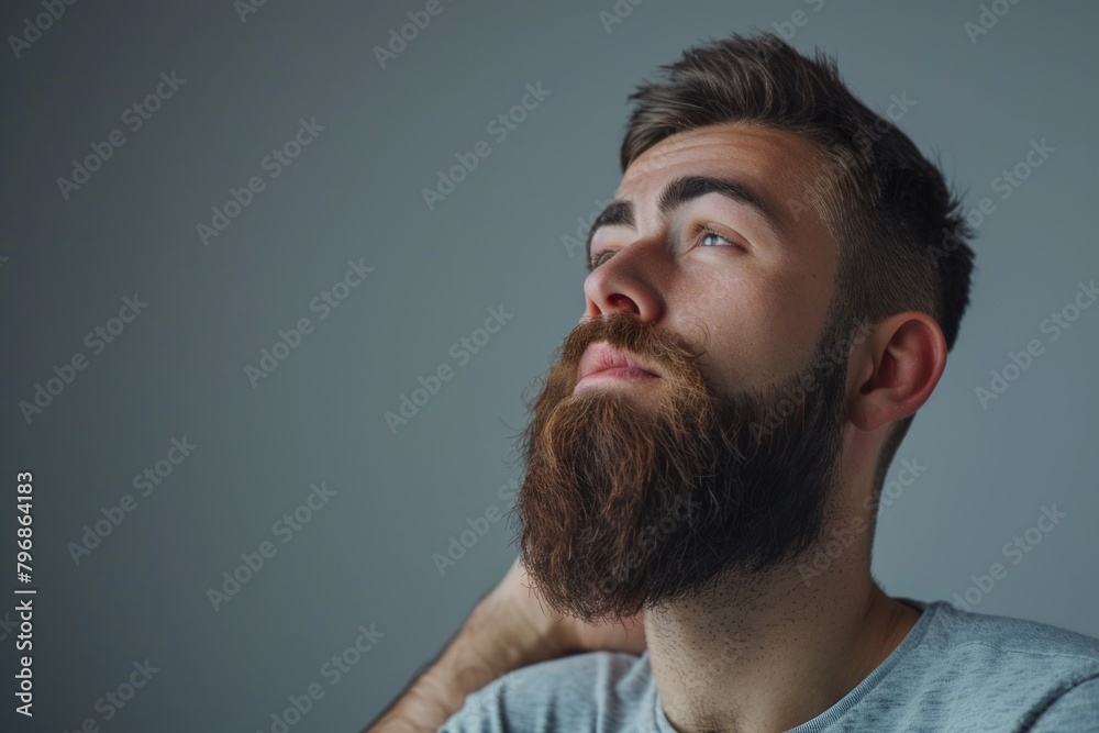 Handsome young bearded man is keeping hand on beard and looking away on a gray background Handsome young bearded man is keeping hand on beard and looking away on a gray background