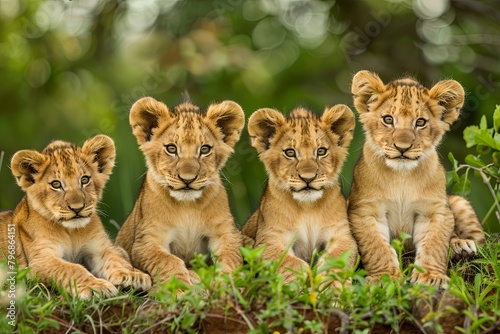 Four Felidae cubs perched on a tree branch in their natural biome photo