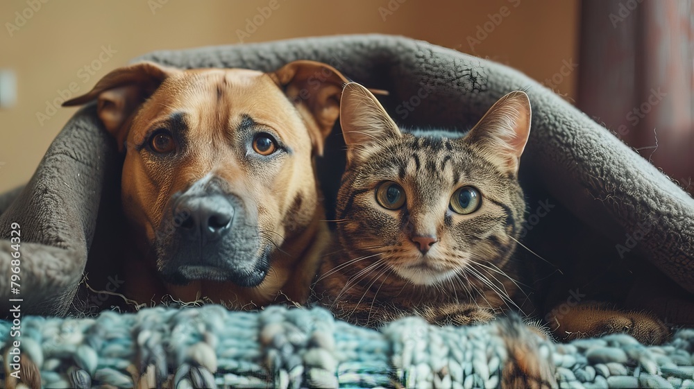 A dog and a cat are laying together under a blanket