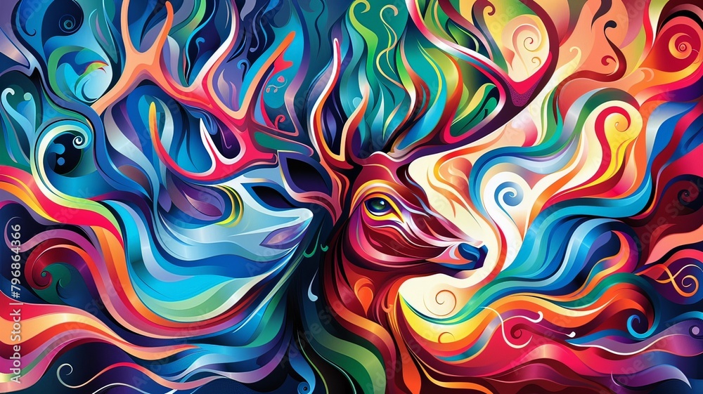 A colorful painting of a deer with a rainbow background A colorful painting of a deer with a rainbow background