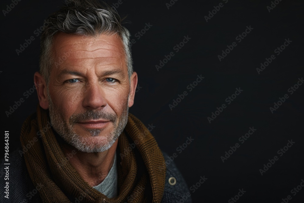 Middle aged man posing against black background with copy space. Middle aged man posing against black background with copy space.