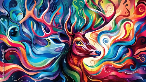 A colorful painting of a deer with a rainbow background