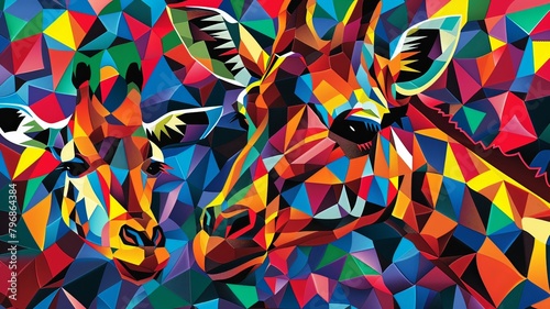 A colorful painting of two giraffes with a third giraffe in the background