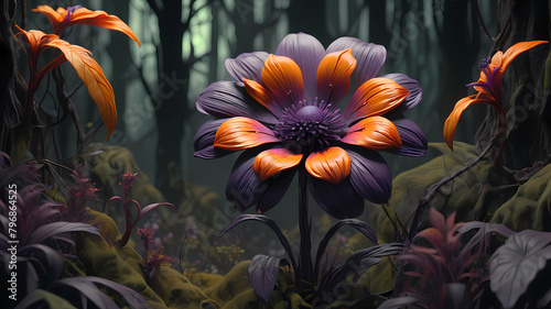 A beautiful purple flower in a dark forest, in the style of hyper-realistic sculptures, with dark orange and green colors, set against post-apocalyptic backdrops with light red and yellow hues. It is 
