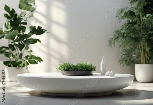  splay Podium white stone blank render plants wall beauty Mock empty green 3D table stylish sunlight Morning granite background cosmetic mediterranean marble poduim dais product 