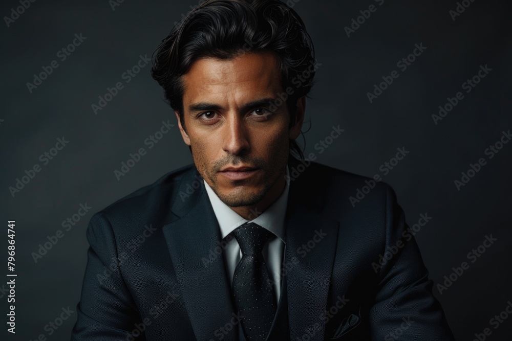 Fototapeta premium Serious well dressed hispanic man posing on dark background.