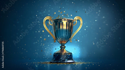Winner trophy with flames, blue golden champion cup with falling confetti on blue background  champion Award trophy cup winner concept. © Fatima