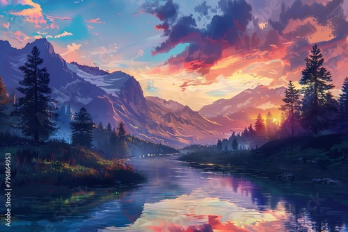 idyllic mountain landscape with winding river reflecting colorful sky digital painting photo