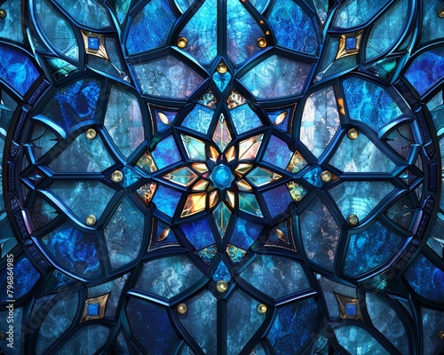 The stained glass windows intricate design features a symmetrical aqua and electric blue pattern, resembling water droplets, accented by intricate rectangles and a fontinspired style 8K , high-resolut