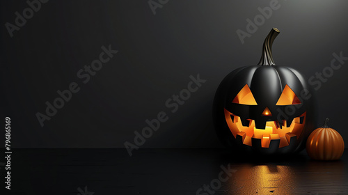 3D rendering of a Halloween pumpkin with a carved face. The pumpkin is lit by a candle and there is a smaller pumpkin next to it. photo