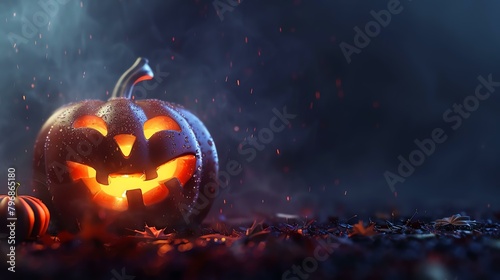 A glowing jack-o-lantern sits on a bed of fallen leaves. The background is dark and smoky. The pumpkin is lit from within by a candle. photo