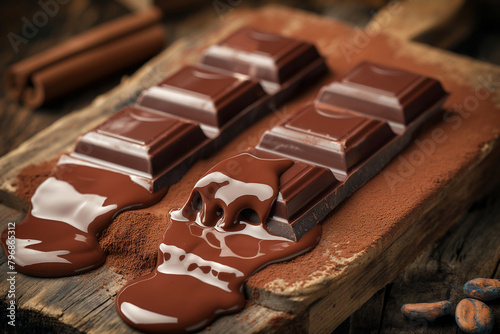 chocolate with nuts, Delight in the captivating scene of three decadent chocolate bars arranged on a melting board