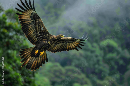 A Madagascar Serpent Eagle soaring above the canopy, eyes scanning for snakes, photo