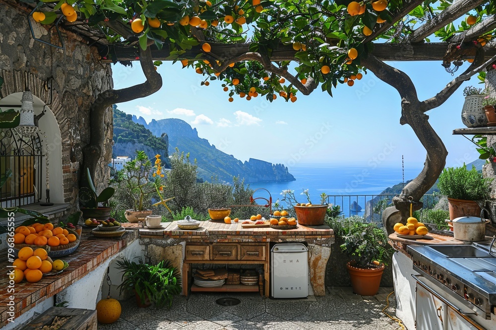 A kitchen with a view of the ocean, mountains, and lush landscape