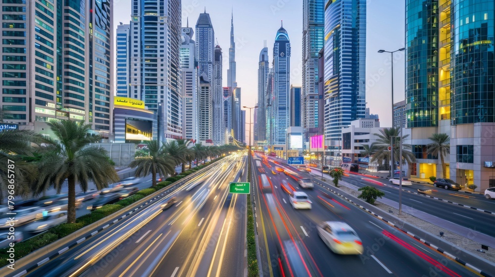 A time-lapse image of traffic flowing through the streets of a bustling city, framed by towering skyscrapers on either side.