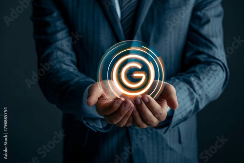 intellectual property rights businessman holding virtual copyleft trademark symbol for patent protection digital art photo