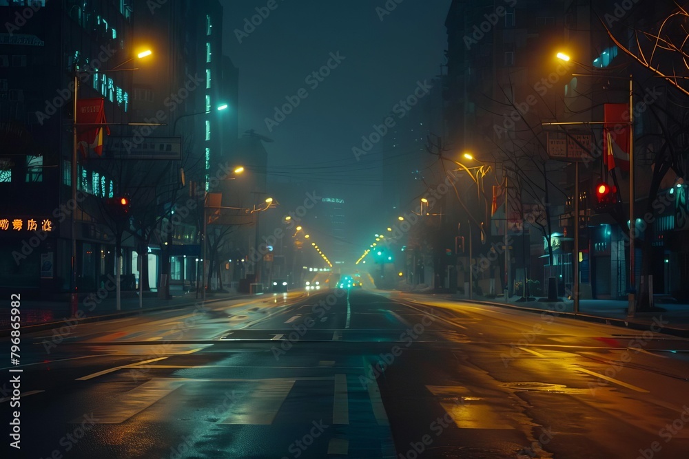 lonely neon lights illuminating dark empty city street at night urban photography