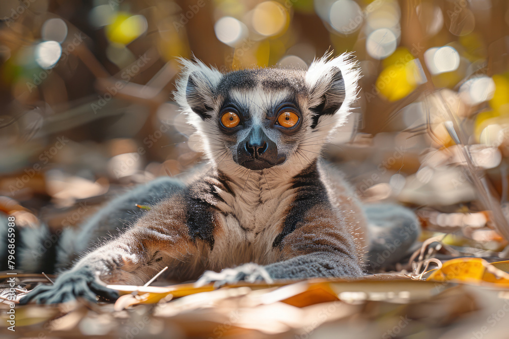 Fototapeta premium A Lemur catta (Ring-tailed Lemur) sunbathing in the forests of Madagascar, its tail coiled neatly,