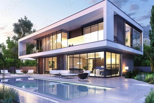 luxurious contemporary modern house with swimming pool and large windows exterior 3d rendering