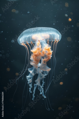 A jellyfish floating serenely in deep water, its luminescent body glowing softly in the dark, © Natalia