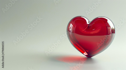 3D rendering of a red glass heart on a white background. The heart is smooth and shiny, and it is casting a shadow on the surface below it.