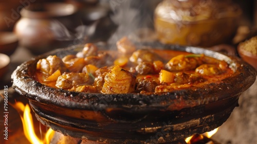 A traditional Moroccan tagine cooking over an open flame, infusing the air with exotic spices