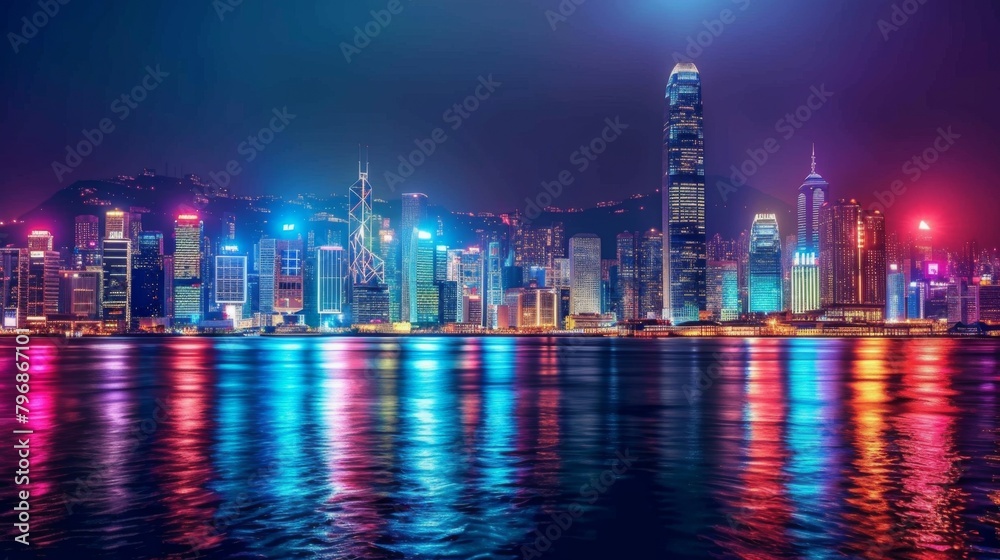 Fototapeta premium A vibrant city skyline illuminated by colorful lights at night, showcasing the energy and vibrancy of urban life in a metropolis.