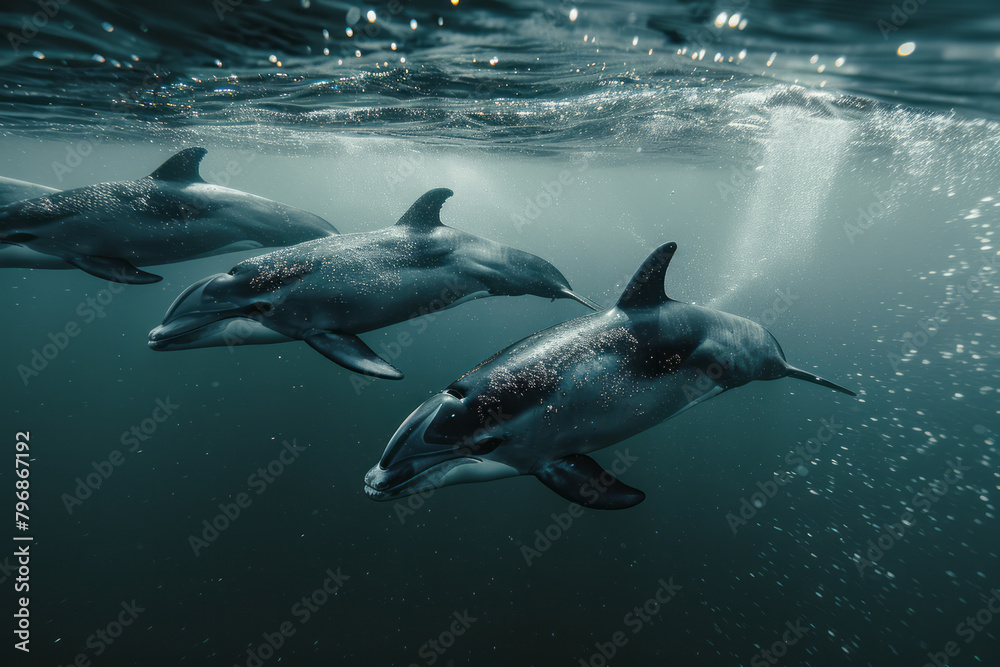 Naklejka premium A group of vaquita porpoises, the world's most endangered marine mammal, swimming in the Gulf of California.