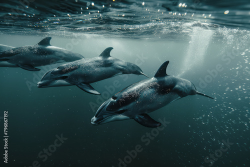 A group of vaquita porpoises  the world s most endangered marine mammal  swimming in the Gulf of California.