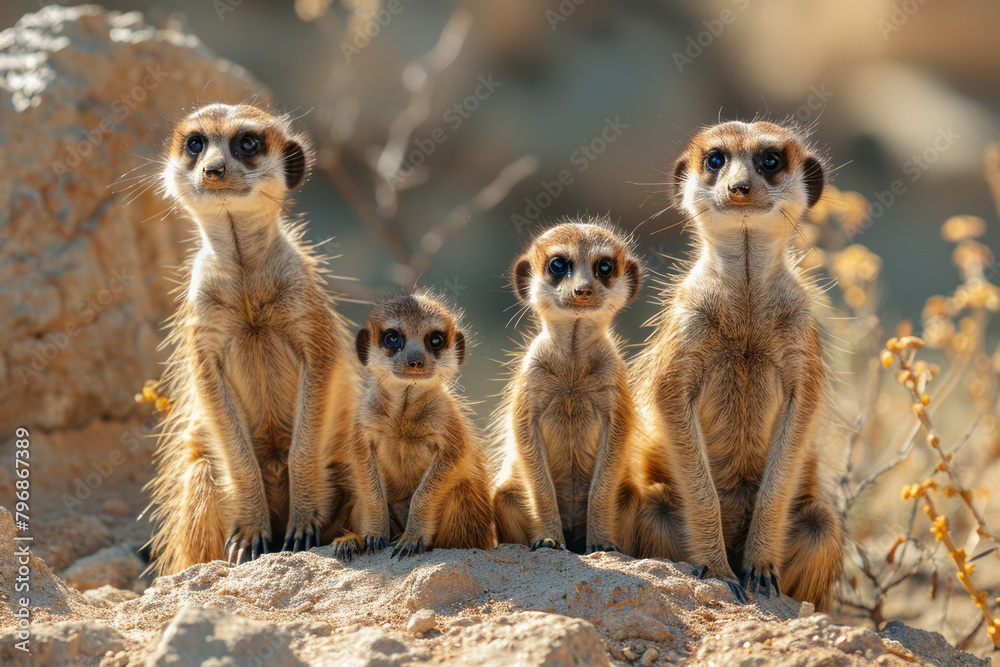 A group of meerkats taking turns to watch for eagles while others feed, a vital sentry system, A group of meerkats taking turns to watch for eagles while others feed, a vital sentry system,